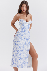 Charlotte – Blau bedrucktes Midikleid mit Korsett